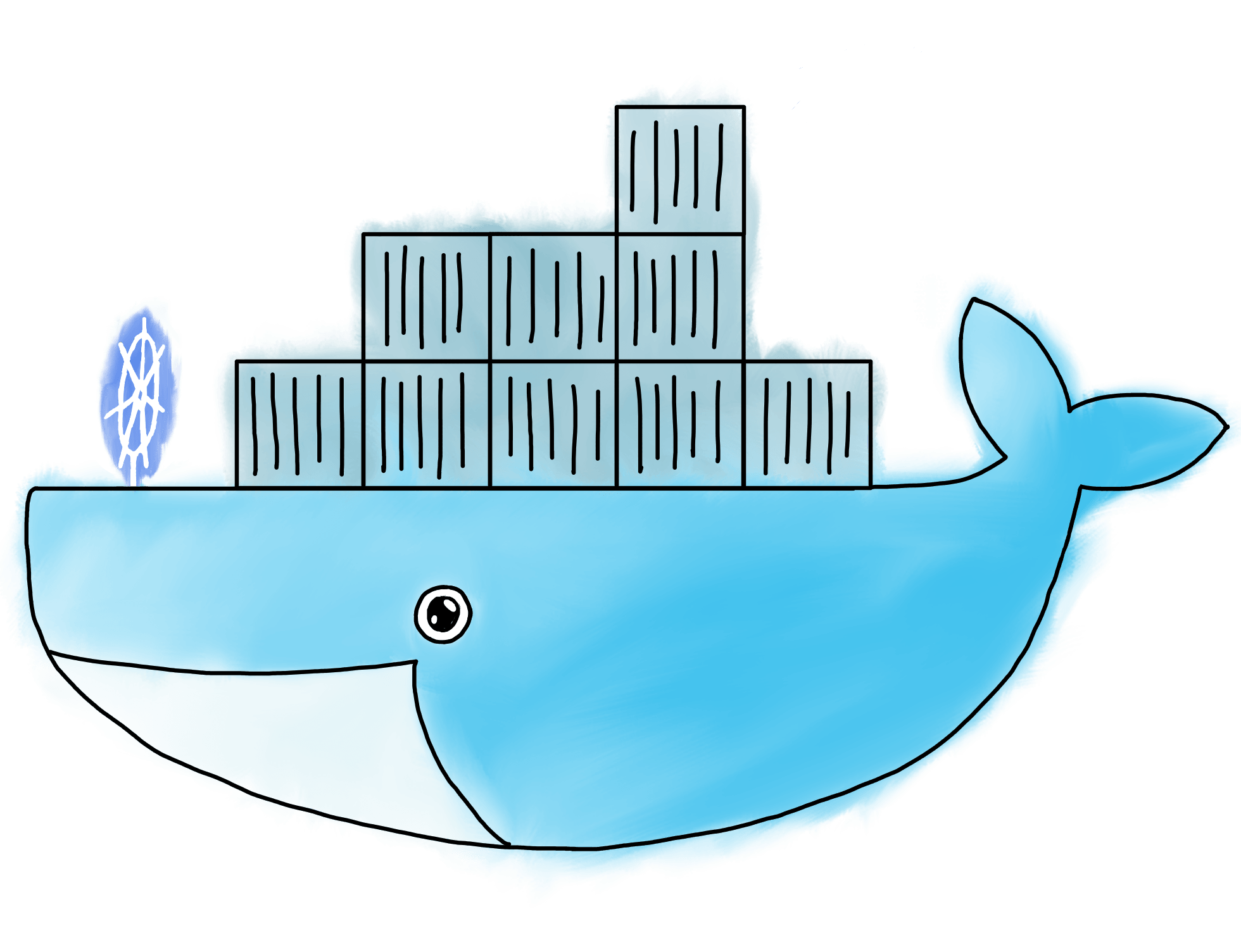 A drawn digital image of Moby the Docker whale with the Kubernetes ship wheel logo on the front.